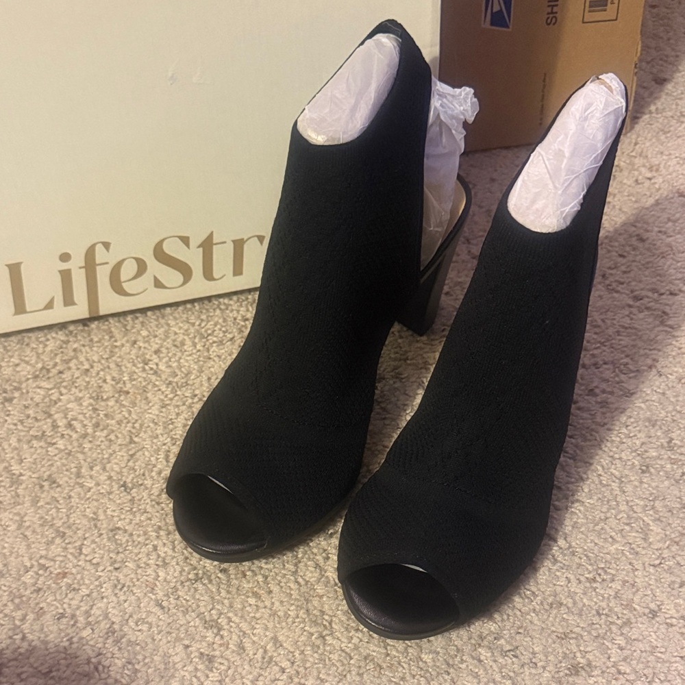 Life Stride Black Knit Peep-Toe Block Heel Bootie - Picture 6 of 10